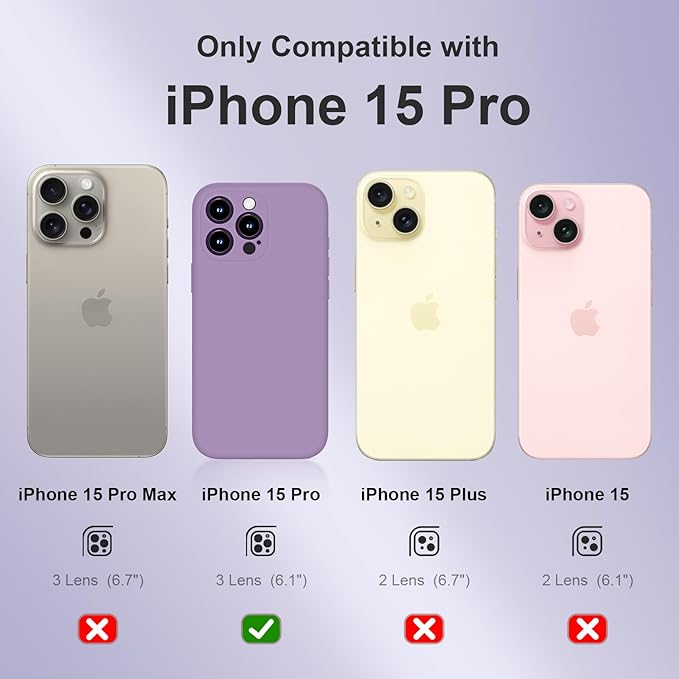Magnetic for iPhone 15 Pro Case, Compatible with MagSafe, with 9H Nano Screen Protectors, Full Camera Protection, Silicone Shockproof Microfiber Lining Phone Case 6.1", Light Purple