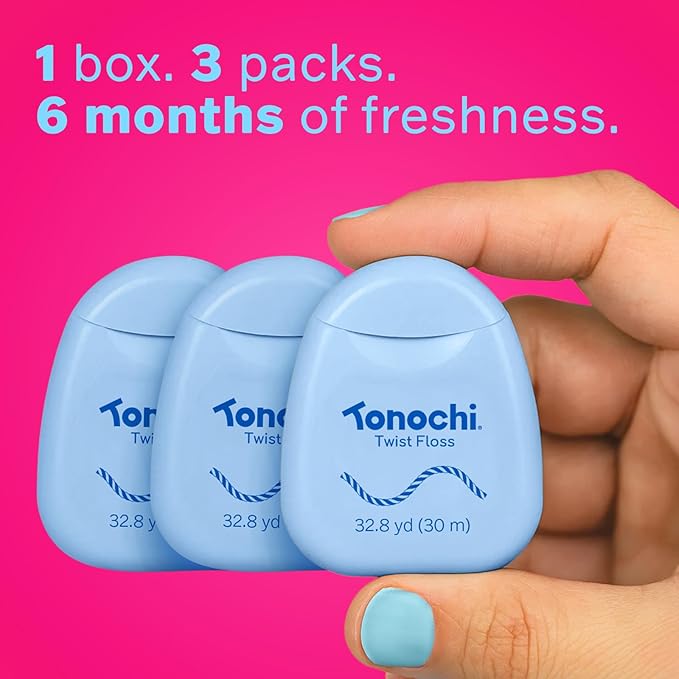 Twist Woven Dental Floss, Two-Tone Color Fibers for Visible Plaque Tracking, Shred-Resistant Braided Texture, Smooth Ribbon-Like Glide, Gentle on Gums, Mint + Xylitol, 3-Pack (33 yd Each)