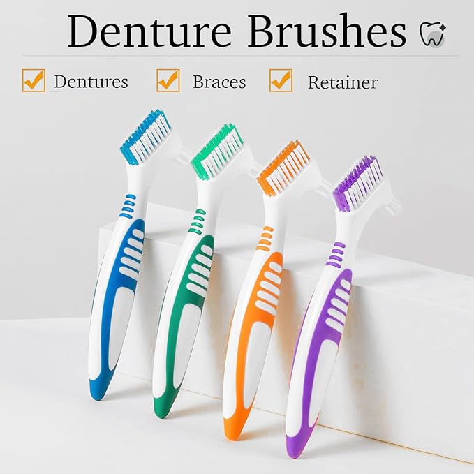Denture Brush Dual Head Toothbrushes False Teeth Brush Denture Cleaning Kit Toothbrush (Purple, Orange)