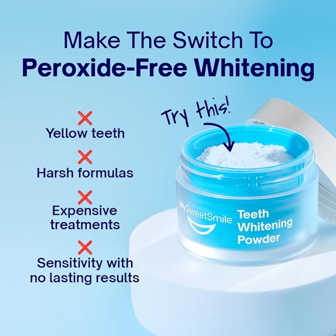 MySweetSmile Teeth Whitening Powder - Dentist-Approved & Enamel-Safe | 6 Month Supply | Tea, Coffee, Wine & Smoking Stain Remover | Non-Sensitive Formula | Peroxide Free | Cool Mint Flavour