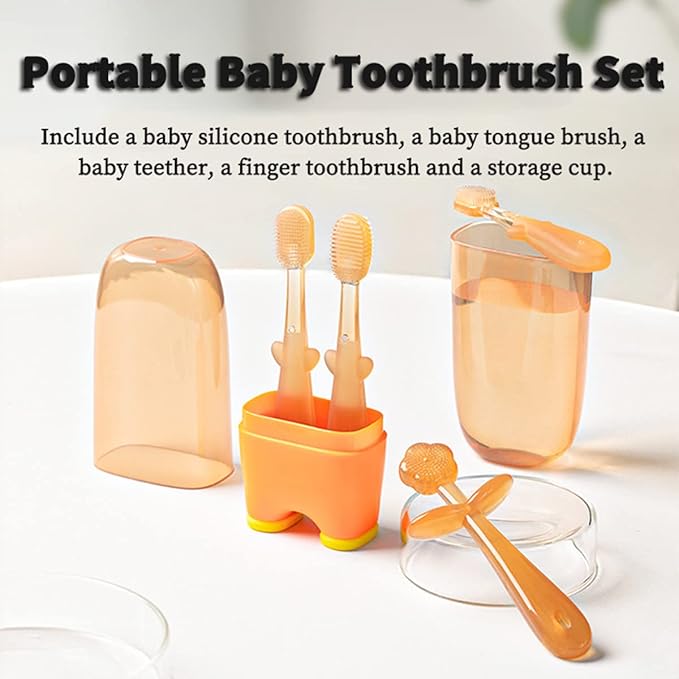 FOKiiBO Baby Silicone Toothbrush Set, Tongue Brush + Finger Toothbrush with Cup for Training Teething, 0-18M Infant Toddler Newborn Baby Teeth Brushes