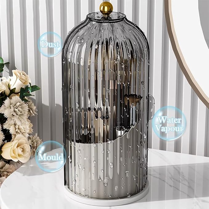 Makeup Brush Holder Organizer with Lid, 360° Rotating Clear Dustproof Cosmetics Storage, Makeup Brushes Cup Pen Holder for Vanity Desktop Bathroom Countertop (Clear Black Cap)
