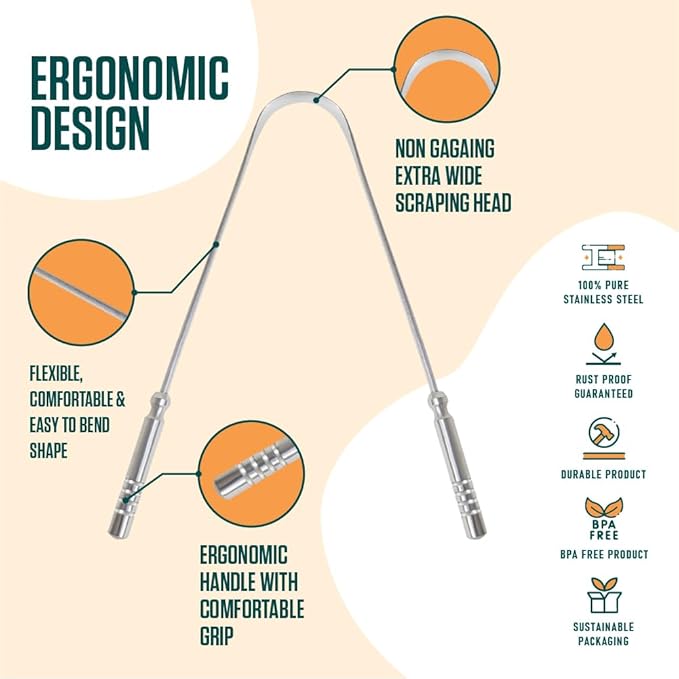 Dalip Tongue Scraper for Adults with Ergonomic Non-Slip Handle, Green Stainless Steel Tongue Cleaner, Reduces Bad Breath, Easy to Use Oral Care & Hygiene Tongue Scrubber (Pack of 2)