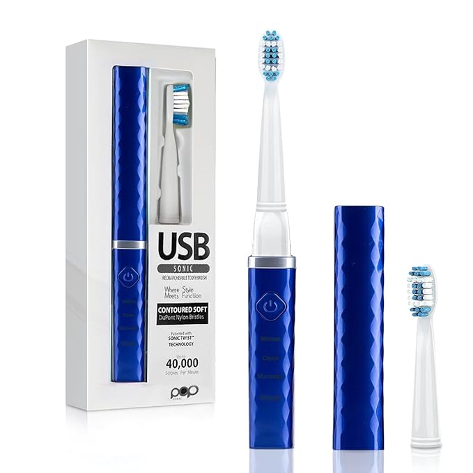 Pop Sonic USB Charge Anywhere Toothbrush (Navy) | Rechargeable Toothbrush w/Up to 40,000 Brush Strokes/Minute-Long-Lasting Dupont Nylon Bristles - Teens & Adult