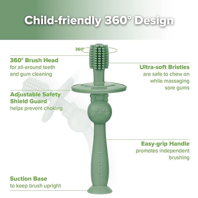 haakaa 360° Baby Toothbrush with Suction Base - Gentle Cleaning for Toddler's Self-Brushing Training, Food-Grade Silicone, Adjustable Safety Shield - Jade (1 Piece)