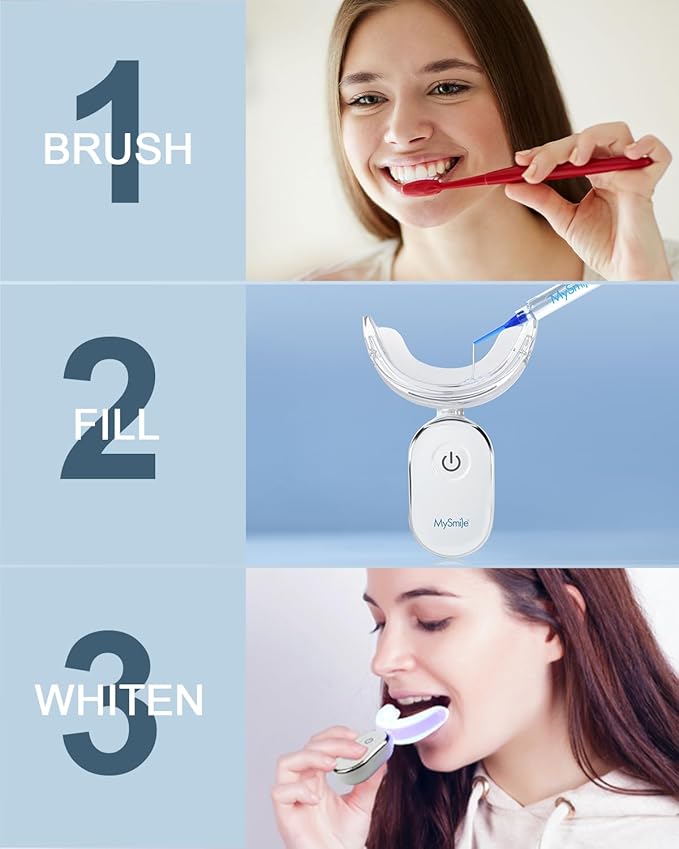 MySmile Teeth Whitening Strips Kit 14 Treatments with 28 LED Light - 10 Min Non-Sensitive Fast Whitening Teeth Enamel Safe Teeth Whitener - Helps to Remove Deep Stains
