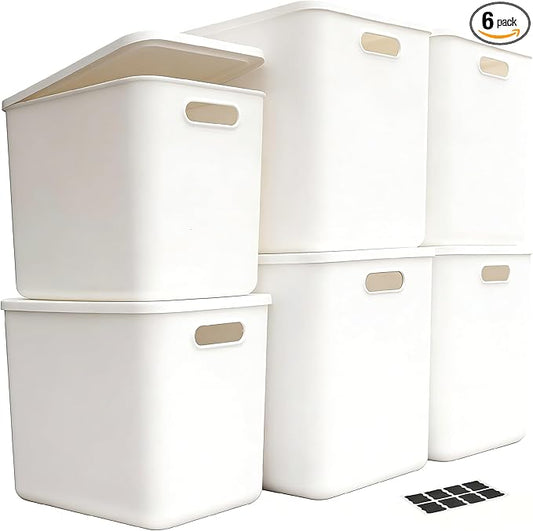 Amyup Set Of 6 Plastic Storage Bins,Versatile Kitchen Pantry Organization and Storage,for Plastic Storage Container Under Bed,Under Sink Bathroom Organizer (White, 4 XL+2 L)