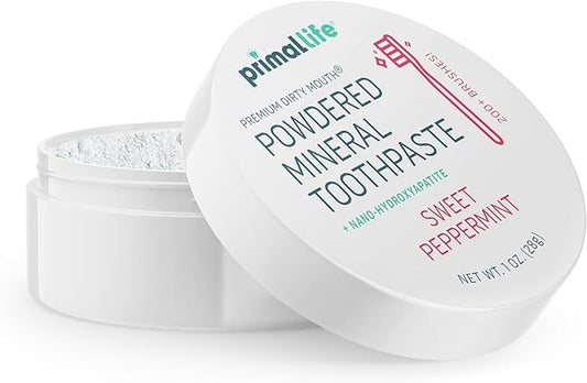 Primal Life Organics - Dirty Mouth Toothpowder, Tooth Cleaning Powder, Flavored Essential Oils with Natural Kaolin & Bentonite Clay, Good for 200+ Brushings, Organic, Vegan (Sweet Peppermint, 1 oz)