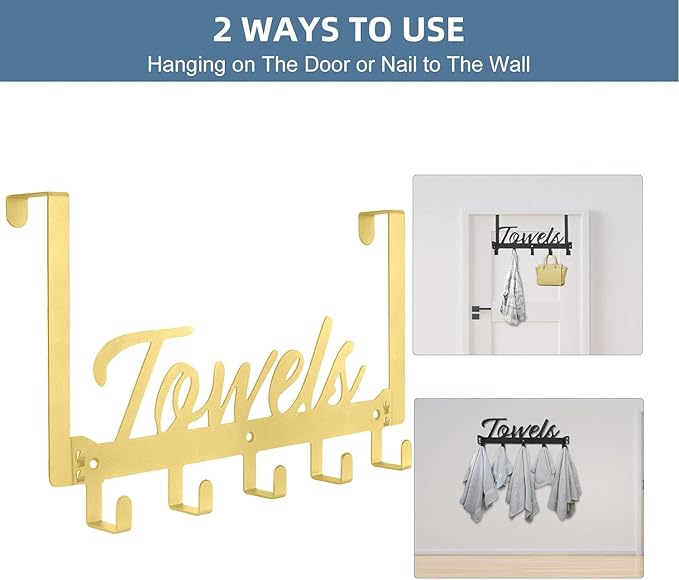 Over The Door Hooks - Heavy Duty Towel Rack with 5 Coat Hooks for Bedroom Kitchen, Gold Bathroom Decor