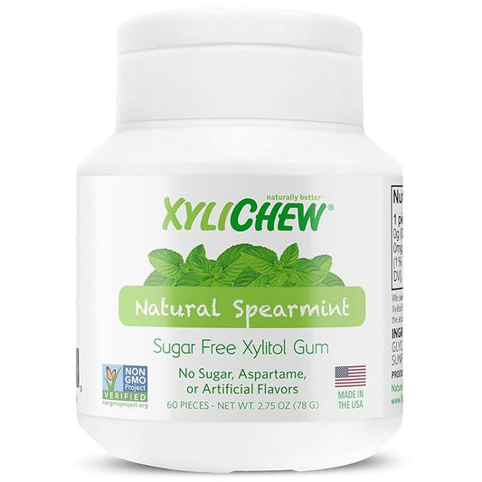 Xylichew 100% Xylitol Chewing Gum - Non GMO, Non Aspartame, Gluten Free, and Sugar Free Gum - Natural Oral Care, Relieves Bad Breath and Dry Mouth - Spearmint, 60 Count