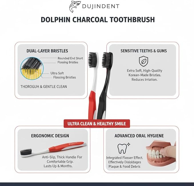 Dolphin Charcoal Toothbrush Extra Soft Bristle Manual Soft Long Flossing, Ultra Clean Toothbrush, Good for Sensitive Teeth and Gums (Red, Charcoal 4 Packs)