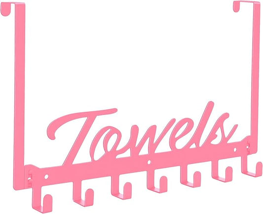 Over The Door Hooks, Towel Rack for Bathroom Towel Holder for Hanging Heavy Duty, Over Door Hanger with 7 Coat Hooks for Bedroom Bathroom Pool Kitchen, Bags(Pink)