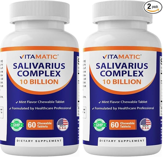 Vitamatic Salivarius Complex 10 Billion Chewable Mint Flavored Tablet - 60 Count - Oral Health Chewable Probiotics + Prebiotics - Supports Healthy Teeth, Gums, & Better Breath (Pack of 2)