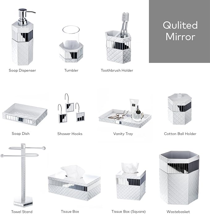 Creative Scents Quilted Mirror White Bathroom Accessories Set - Decorative 4 Piece Bathroom Set - Mirrored Bathroom Accessory Set Includes: Soap Dispenser, Toothbrush Holder, Tumbler & Soap Dish