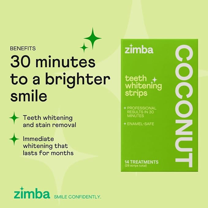 Zimba Coconut Flavored Teeth Whitening Strips | Vegan, Enamel Safe Hydrogen Peroxide Teeth Whitener for Coffee, Wine, Tobacco, and Other Stains | 14 Day Treatment | Coconut