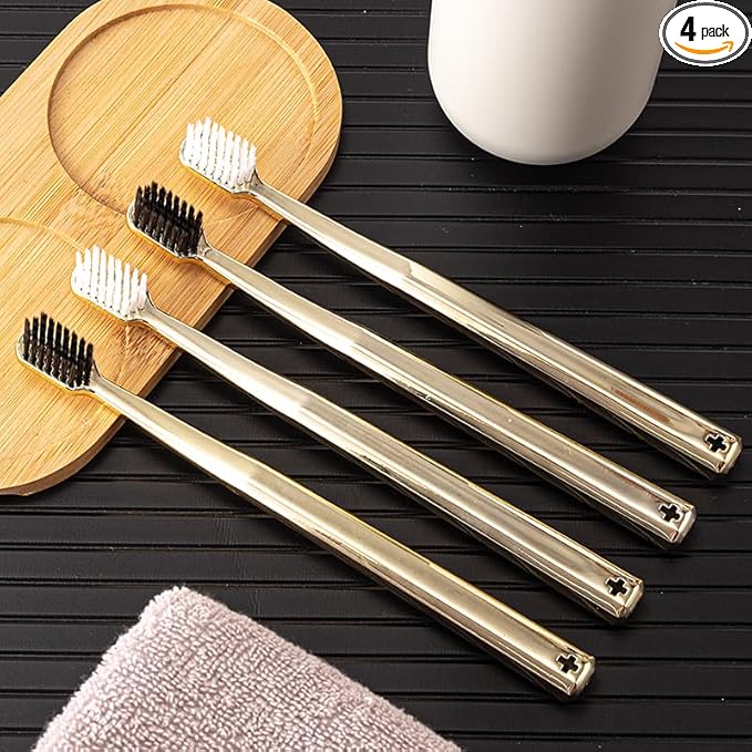 Luxury Gold-Plated Handle Toothbrush, Soft Bristles, Adult Size, 4-Pack