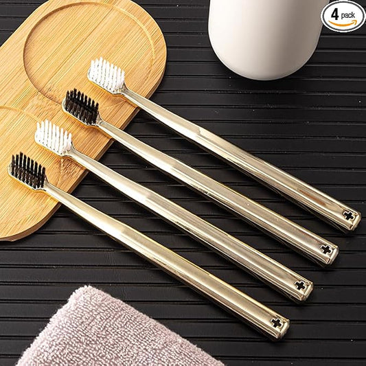 Luxury Gold-Plated Handle Toothbrush, Soft Bristles, Adult Size, 4-Pack