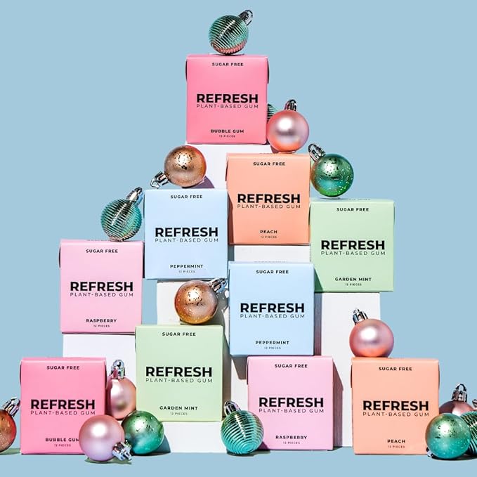 Refresh Gum, Xylitol, Natural, Sugar Free, Plastic Free, Natural Flavors & Organic Ingredients, Plant-Based, Low Calorie, Non GMO, Gluten Free, Vegan, Peach Flavor, 12 Pieces, 12 Pack
