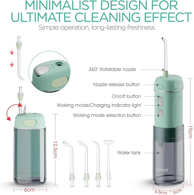 VOYOR-HEALTH Portable Water Flosser Cordless, Mini Travel Oral Irrigator with Telescopic Water Tank, IPX7 Waterproof Water Dental Flosser for Teeth Cleaning Braces & Dental Care WF510 (Light Green)