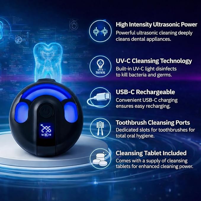 | Oral Cleansing Pod Pro + UV | Dentist-Designed Dental Pod for Retainers, Dentures & Aligners | Rechargeable USB-C (Slate Black)