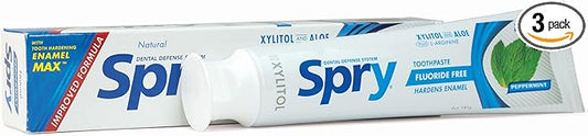 Spry Natural Xylitol Toothpaste 5oz for Adults and Kids - Fluoride Free, Gentle for Sensitive Teeth Whitening and Remineralizing, Breath Freshening, Mouth Moisturizing, Peppermint (Pack of 3)