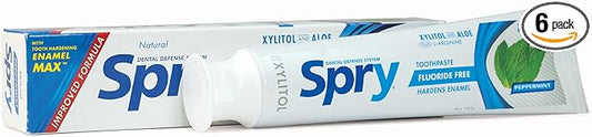 Spry Natural Xylitol Toothpaste 5oz for Adults and Kids - Fluoride Free, Gentle for Sensitive Teeth Whitening and Remineralizing, Breath Freshening, Mouth Moisturizing, Peppermint (Pack of 6)