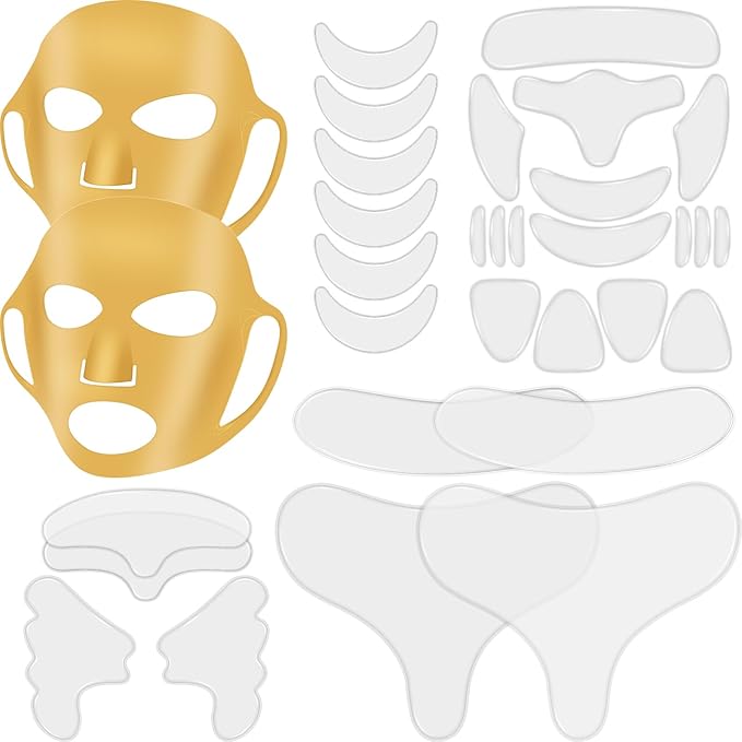 Maitys 32 Pcs Facial Chest Neck Silicone Pad Reusable Face Forehead Patches Facial Sleeping Mask Cover for Smoothing Chest Neck Forehead Eye Mouth (Gold,Gold)
