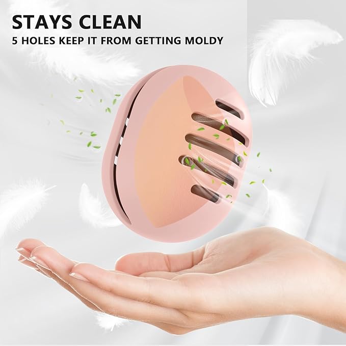 Makeup Sponge Holder,Double-sided 5-line Vented Silicone Beauty Blender Holder for Travel,Shatterproof Make Up Sponge Travel Case for All Sponges Sanitary Reuse Easy to Carry,Pink