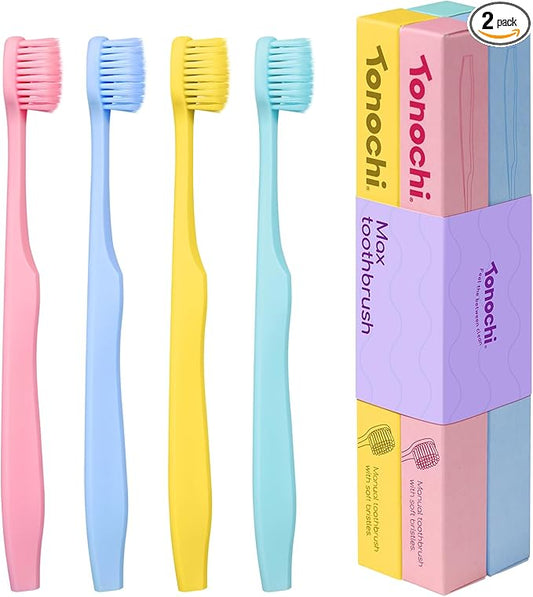 Max Extra-Soft Toothbrush for Adults Sensitive Gums – Gentle Bristles, Wide Angled Head for Back Teeth, Ergonomic Non-Slip Grip, BPA-Free Handle, Individually Wrapped,4-Pack (Assorted)