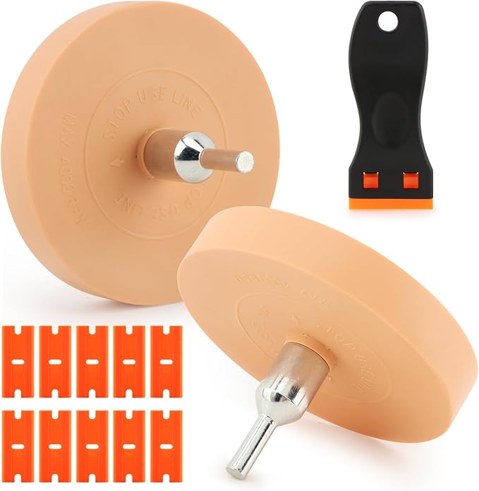2pcs Car Eraser Wheel with 1 Plastic Scraper and Adapter, 3.5 Inch Decal Remover Wheel for Drill, Rubber Tool Kit for Quick Remove Sticker, Vinyl, Decal, Adhesive, Residue, Tape