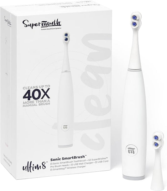 SuperMouth® ULTIM8 SmartBrush™ Electric Toothbrush - Patented SuperBristles® Clean Teeth 40X Better, Dual Sonic Modes, Pressure Sensor, Stunning Design - Teens & Adults - Pearly White