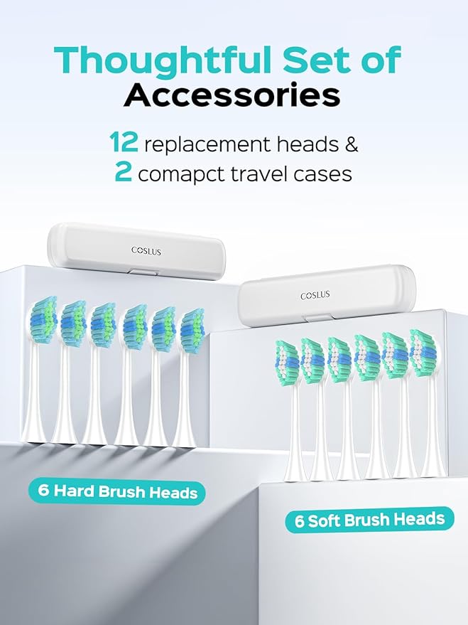 COSLUS Sonic Electric Toothbrush for Adults: 47000 VPM for Deep Cleaning & Whitening with Travel Case - 5 Modes for Sensitive Teeth & Braces, Wireless Charging, 6 Brush Heads, Pink & Green (2PCS)