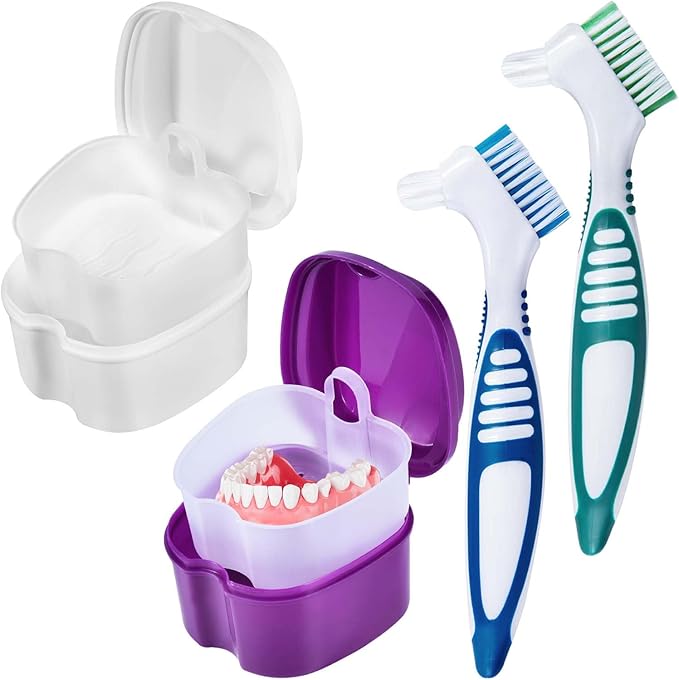 2 Pack Denture Bath Case Cup Box Holder Storage Container with Denture Cleaner Brush Strainer Basket for Travel Cleaning (White and Purple)