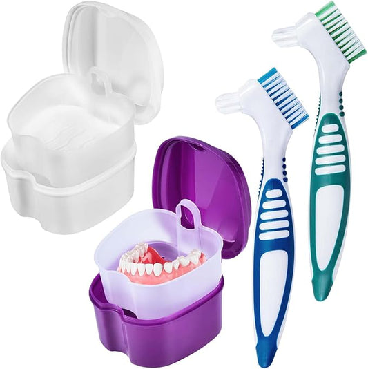 2 Pack Denture Bath Case Cup Box Holder Storage Container with Denture Cleaner Brush Strainer Basket for Travel Cleaning (White and Purple)