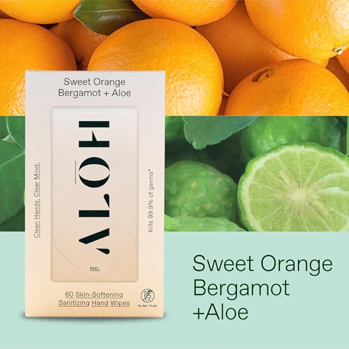 ALO ALŌH Sweet Orange Bergamot + Aloe Sanitizing Hand Wipes - Clean Hands, Clear Mind - On The Go Hand Sanitizer Wipes for Kids and Adults - (6 Pack, 20ct Wipes)