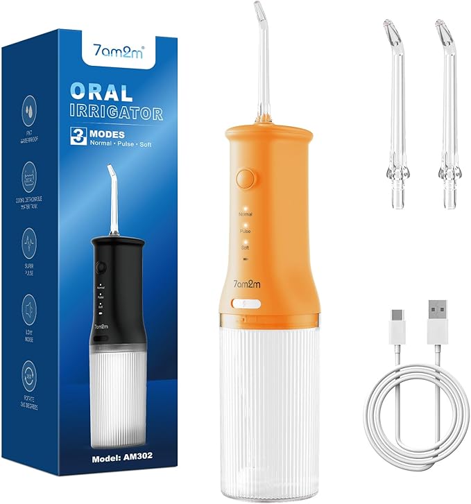 7AM2M Portable Cordless Water Flosser, Oral Irrigator with 3 Modes & 2 Tips, Fast Rechargeable, IPX7 Waterproof, Dental Water Flosser for Travel and Home Use (Orange)