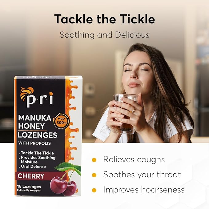 P.R.I Manuka Honey Lozenges with Propolis, Soothing Cough and Throat Drops, MGO 300+ Certified (Cherry, 16 Count/2 Pack)