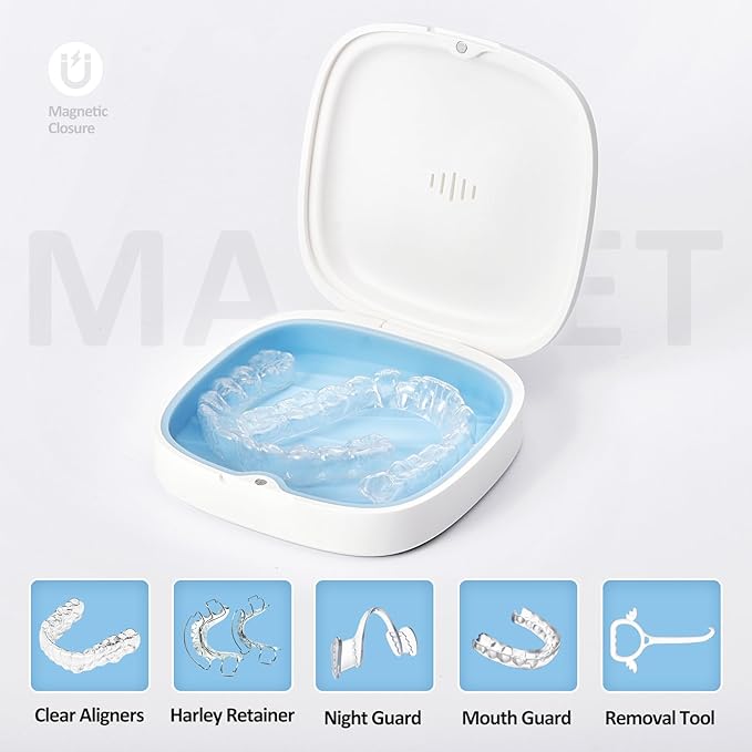 Retainer Case Slim Aligner Case with Vent Holes Removable Inner Tray Silicone for Easy Cleaning (1Pack White Blue)