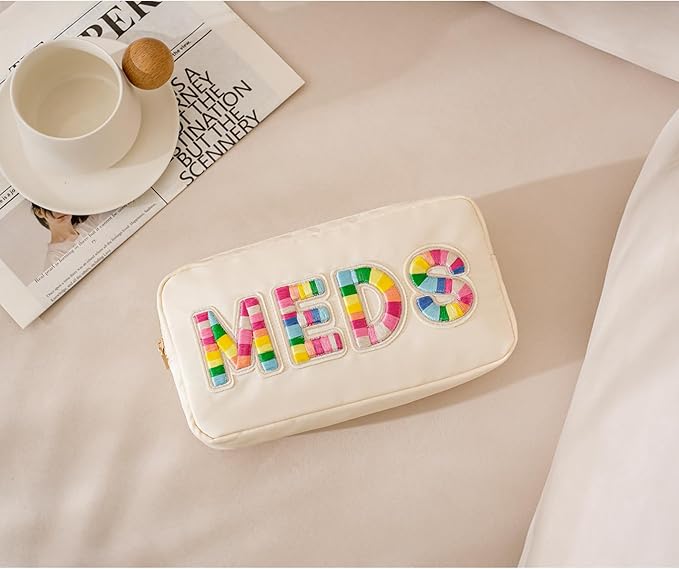 uekeboag Personalized Chenille Letter Patch MEDS Bag, Cute Nylon Drug Medicine Travel Makeup Bag with Zipper, Preppy Vitamin Organizer Bag for Women and Girls (Beige-Rainbow)