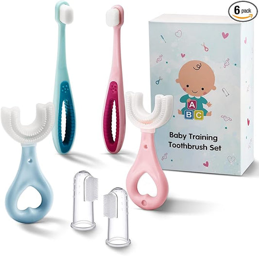 6 in 1 Baby Training Toothbrush Set - Infant to Toddler Toothbrush Oral Care Toothbrush - Food Grade Silicone,Extra Soft Bristles,Perfect for 6+,12+,24+ Months