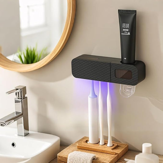 Smart Toothbrush Holder, Wall Mounted Toothbrush Holder with Toothpaste Dispenser, Drying Function and 3 Toothbrush Slots for Bathroom (Black)