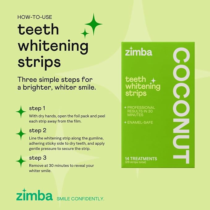 Zimba Coconut Flavored Teeth Whitening Strips | Vegan, Enamel Safe Hydrogen Peroxide Teeth Whitener for Coffee, Wine, Tobacco, and Other Stains | 14 Day Treatment | Coconut