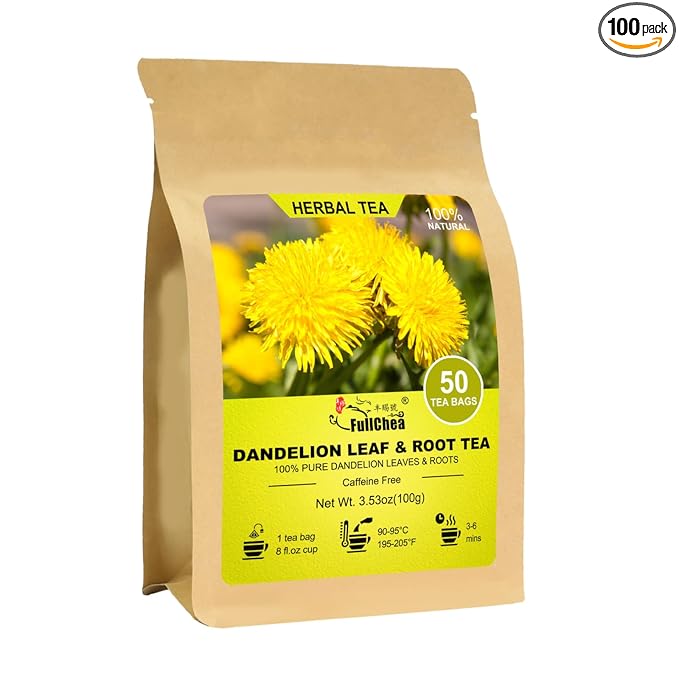 FullChea - Dandelion Leaf & Root Tea bags, 50 Teabags, 2g/bag - Natural Dandelion Herbal Tea for Liver & Kidney Health - Non-GMO - Caffeine-free - Support Digestion & Boost Immune System