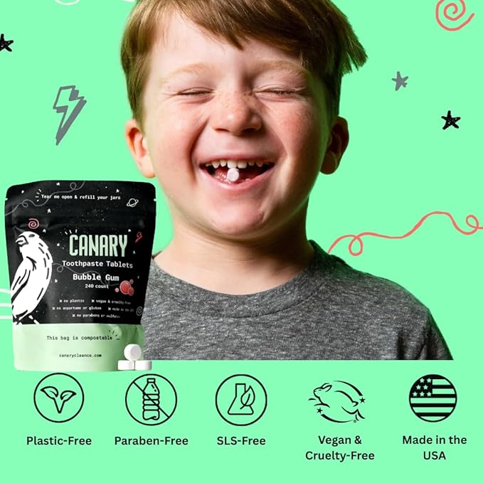 Canary Nano Hydroxyapatite Toothpaste Tablets Bubble Gum - Remineralizing, Fluoride Free, All Natural Tabs with Xylitol - Great for Kids, Plastic Free - 240 Count