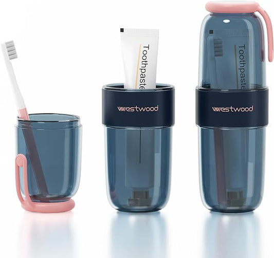 Luxury Transparent Blue Plastic Travel Toothbrush Holder Case with Cover, Portable Travel Toothbrush Cup, Storage Container for School Camping Business Trip Bathroom