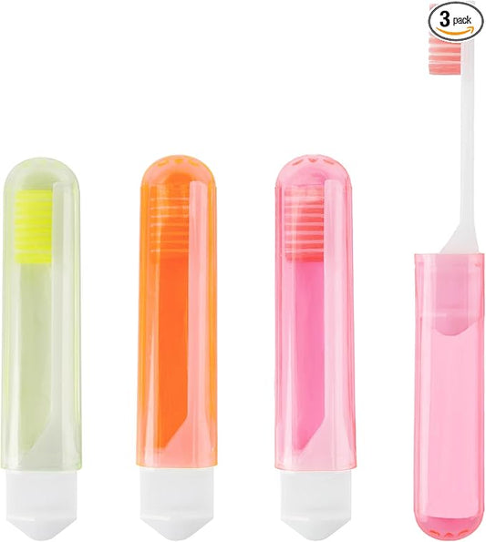 ysuwekslu Travel Toothbrush, 3 PCS Mini Portable Toothbrush Set with Cover Small Folding Tooth Brush Individually Wrapped Home Travel Camping, Orange, Yellow, Pink