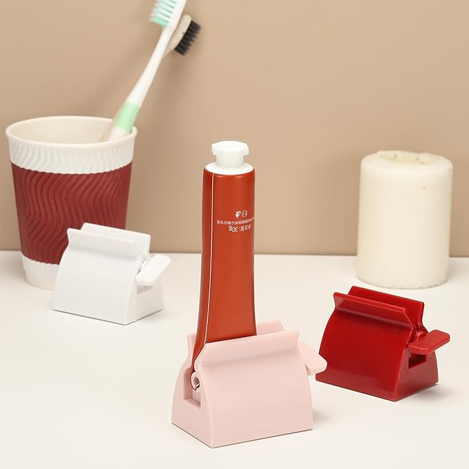 uxcell Toothpaste Tube Squeezer, 2Pcs 2.3" Toothpaste Squeezer Dispenser Rollers Tube Squeezers Clip Holder Stand for Bathroom, White/Pink