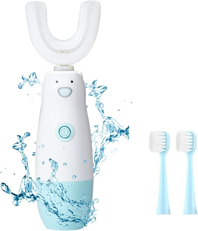 Kids Electric Toothbrush，U Shaped Toothbrush Waterproof Battery Powered 360 Automatic Sonic Toddler Toothbrushes for 8-13 Years Old for Boys Girls ，with 2 Replacement Brush Heads（Blue）