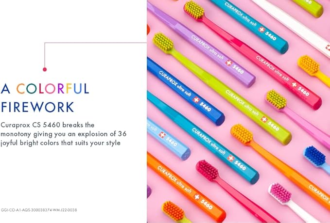 Curaprox CS 5460 Ultra-Soft Toothbrush for Adults with Ultra-Fine Filaments and Compact, Slightly Angled Toothbrush Head for Improved Tooth and Gum Health, Assorted Color