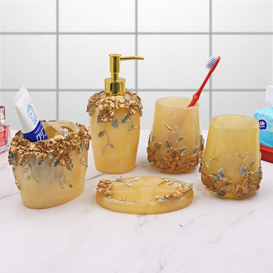 LUANT Vintage Pink Bathroom Accessories, 5Piece Bathroom Accessories Set, Bathroom Set Features, Soap Dispenser, Toothbrush Holder, Tumbler & Soap Dish - Bath Gift Set (Yellow)